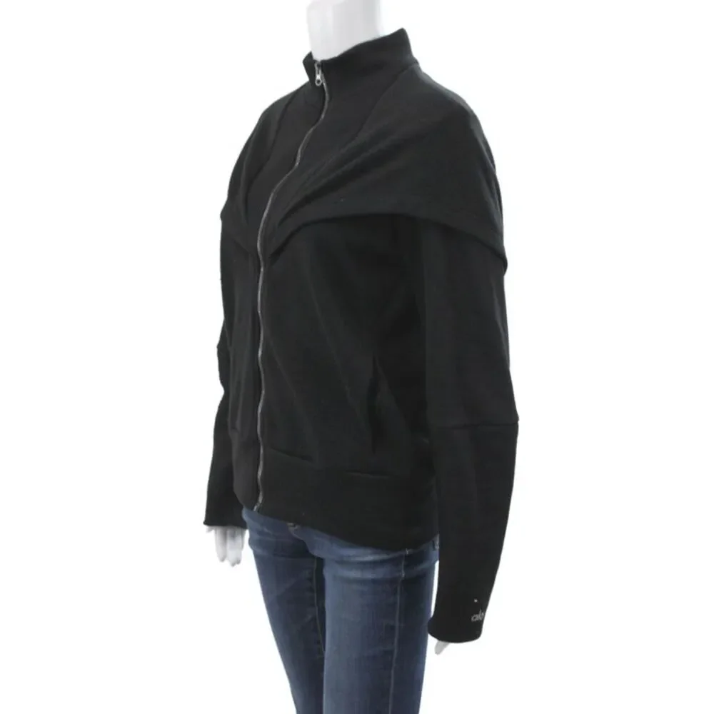 Alo Yoga Women Track Jacket Black Zip High Neck Long Sleeve Size M